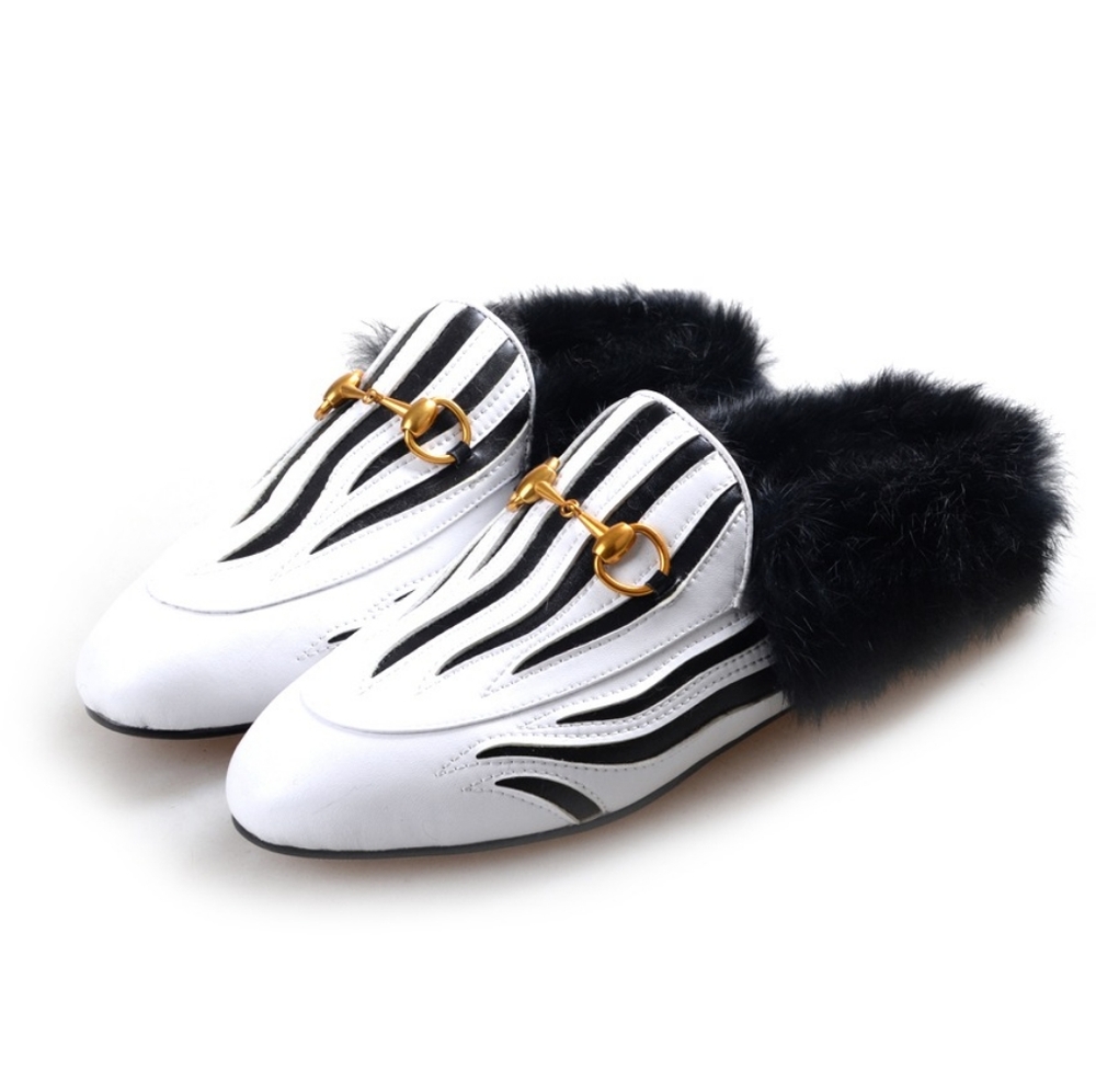 Stylish Black and White Mules with Gold Accent